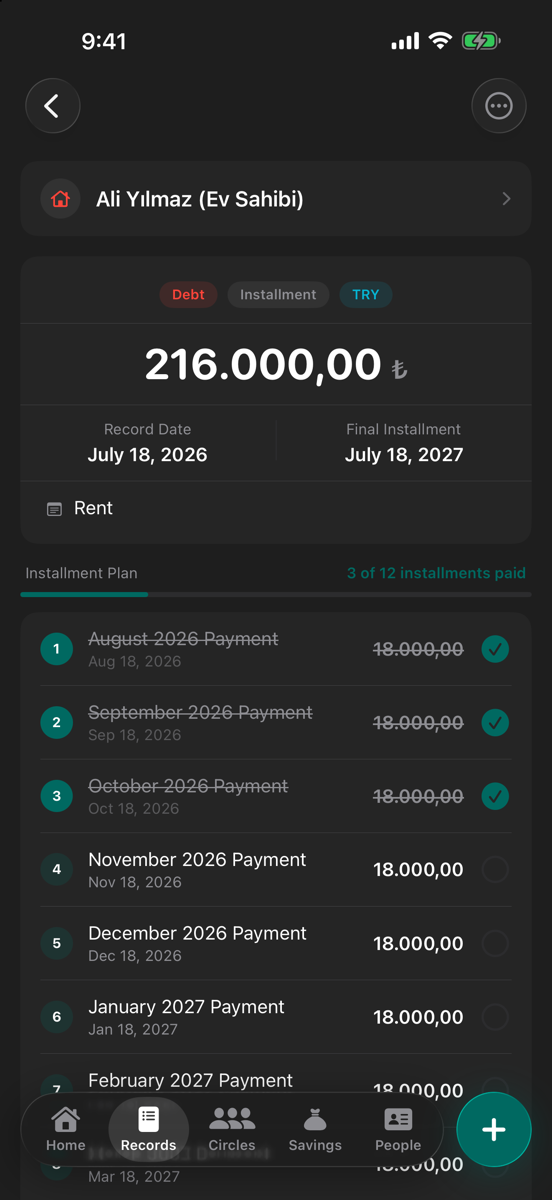 Record detail: a 12-installment rent debt, 3 paid, the installment plan