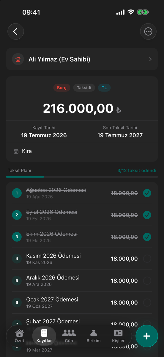 Kayıt detayı: 12 taksitli kira borcu, 3 taksit ödendi, taksit planı